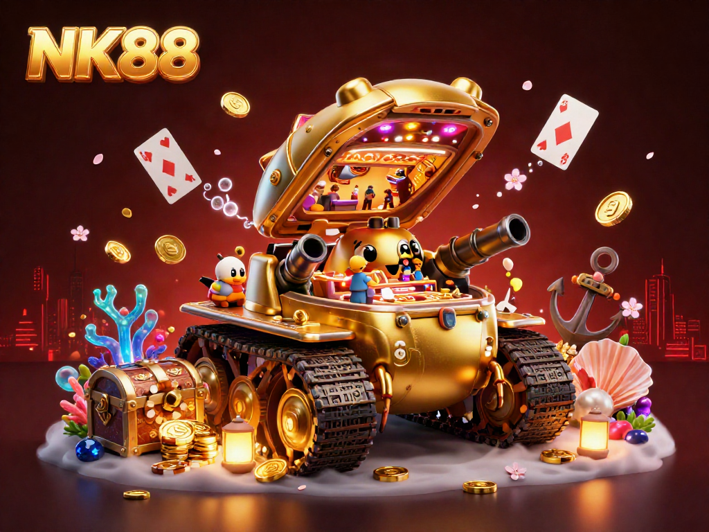 Experience the excitement of NK88 with a vibrant casino scene inside a golden beetle tank, surrounded by treasure and games.