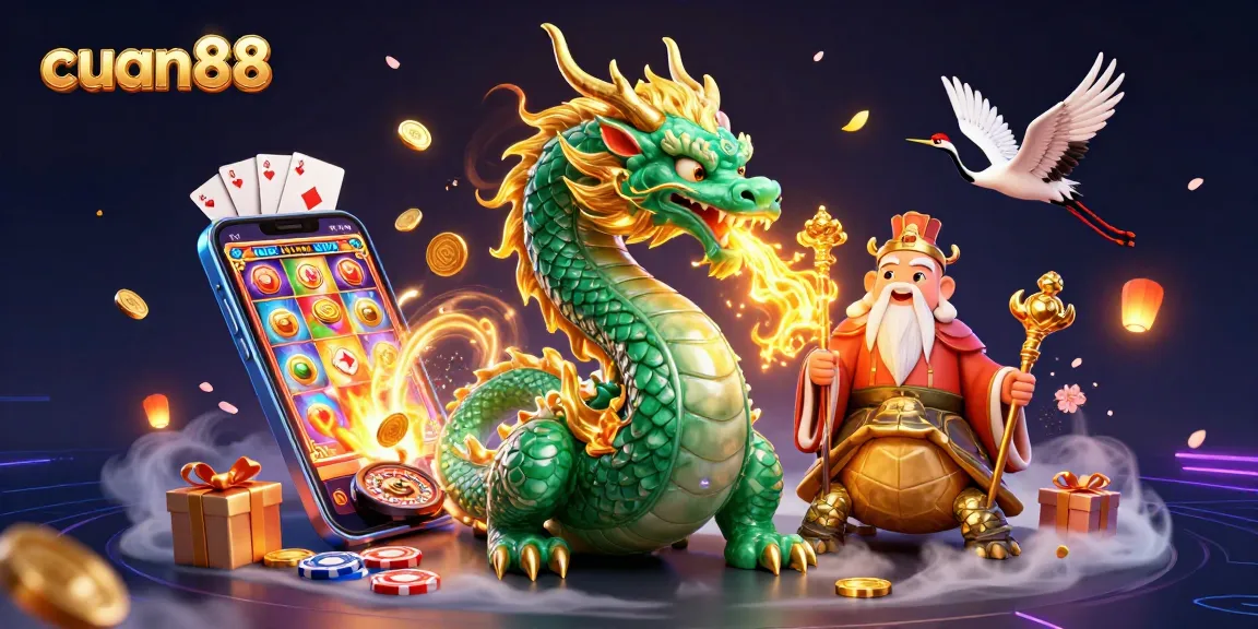 Cuan88 ignites excitement with a jade dragon, lucky cranes, and engaging casino elements.