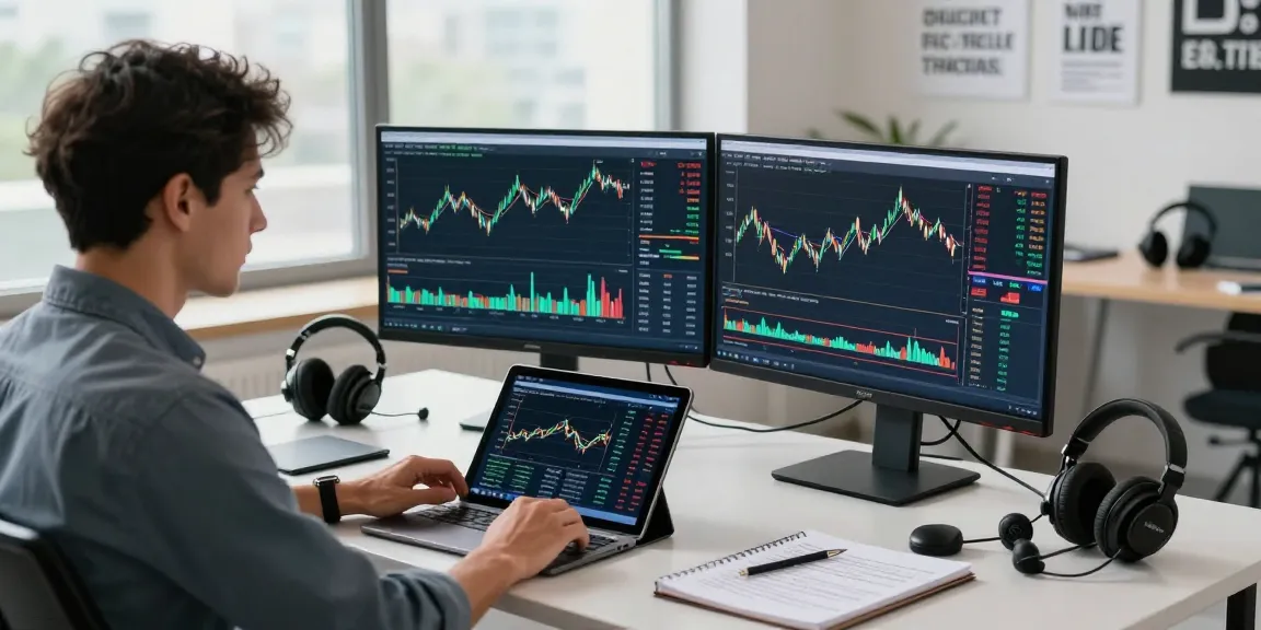 Trader analyzing forex charts using MetaTrader 4 at a modern workspace.