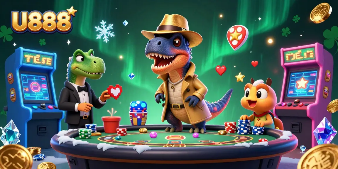 U888 velociraptor card counter at blackjack table, stegosaurus pit boss with glowing arcade games