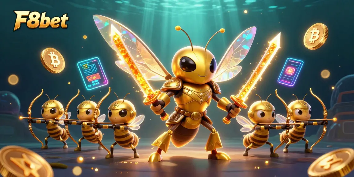 Engage with F8bet's vibrant gaming scene featuring 3D bee samurai and crypto elements.