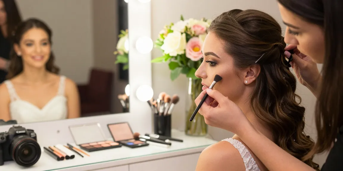 Trucco sposa applicato su una sposa in un elegante salone di bellezza.