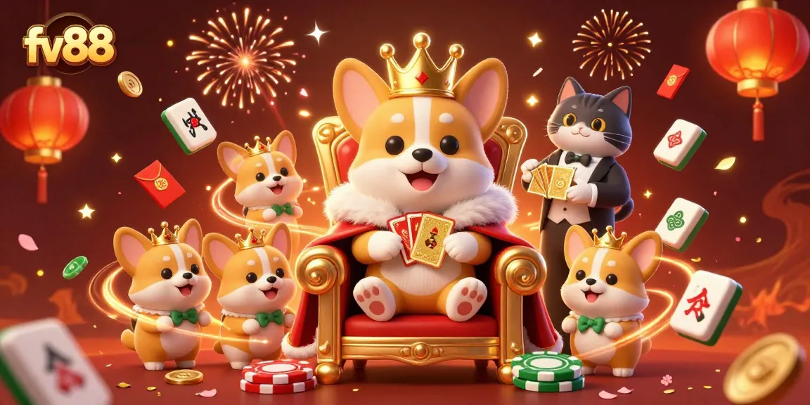 Experience the excitement of fv88 with royal corgis in a vibrant casino scene packed with gold-themed elements.