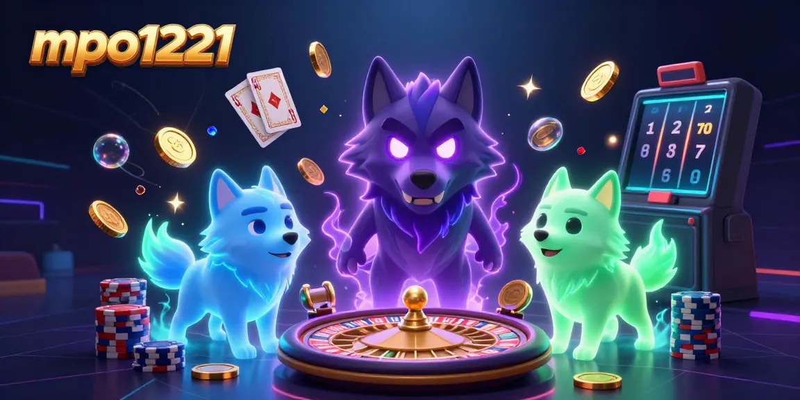 Engage with mpo1221's vibrant 3D illustration showcasing dynamic casino elements and wolf characters.