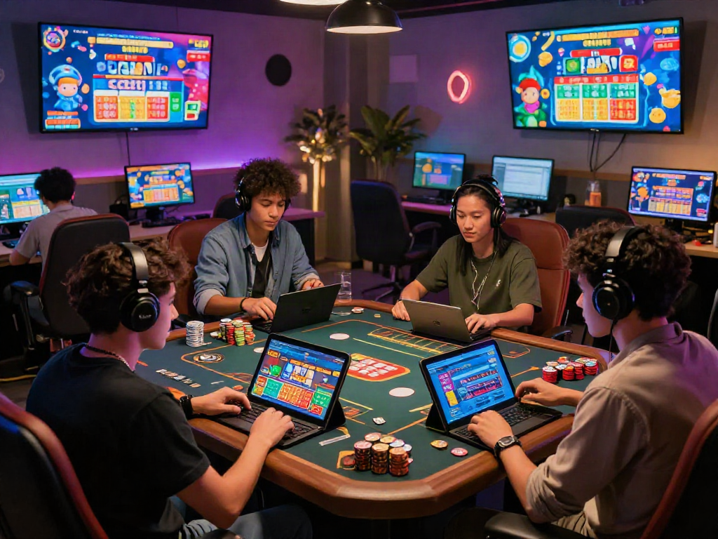 Engaged players enjoying togel online games in a lively virtual setting, surrounded by digital displays and gaming decor.