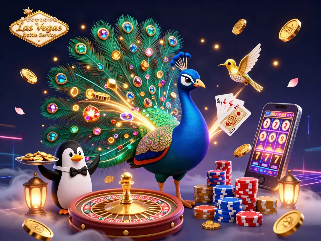Experience Las Vegas Bottle Service with vibrant characters, chips, and roulette elements in a dynamic scene.