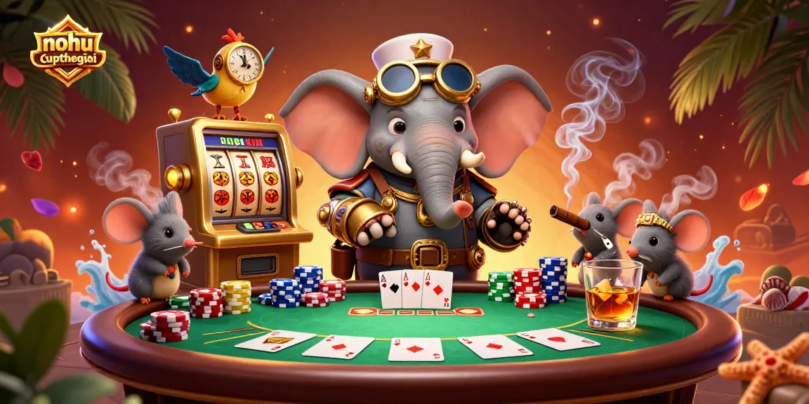 Nohu-cupthegioi showcases a vibrant 3D cartoony steampunk scene, mixing poker dynamics and slot gaming.