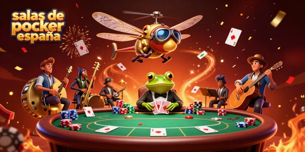 Disfruta de las mejores salas de poker online en España con un ambiente festivo y personajes únicos.