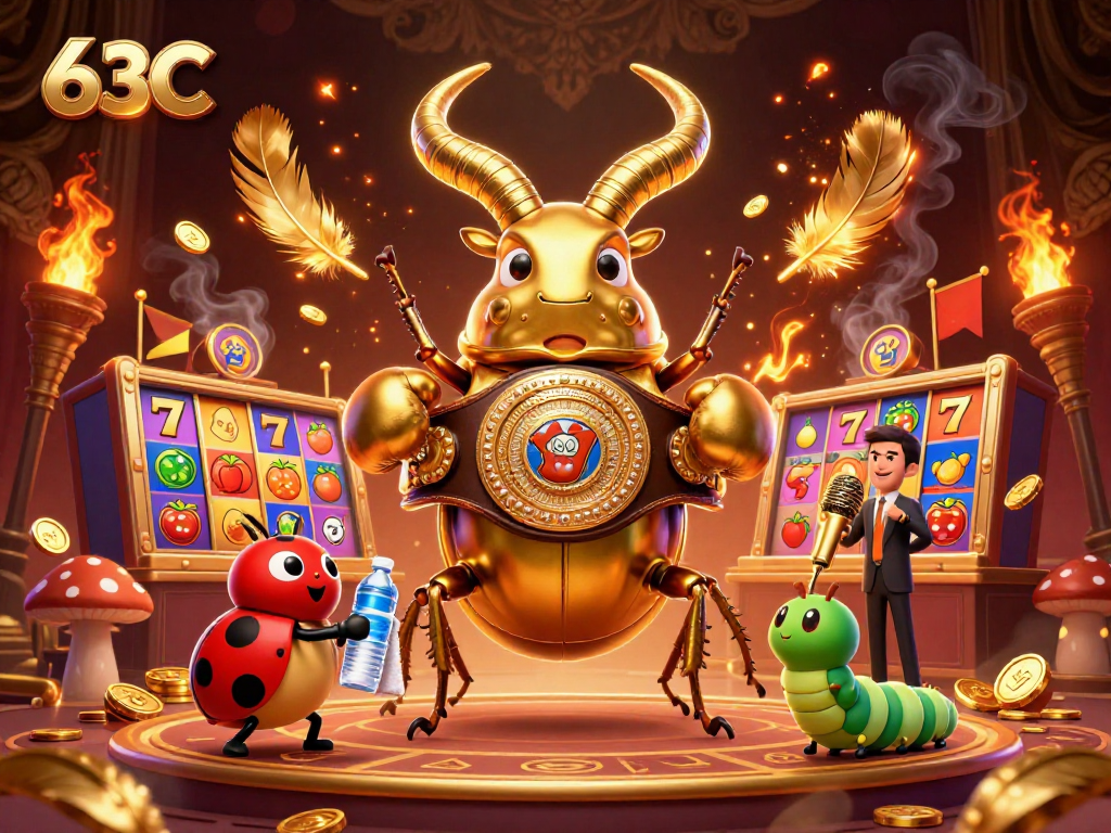 O 63C exibe uma ilustração de cassino vibrante com um besouro dourado lutando, moedas e símbolos de jogo.