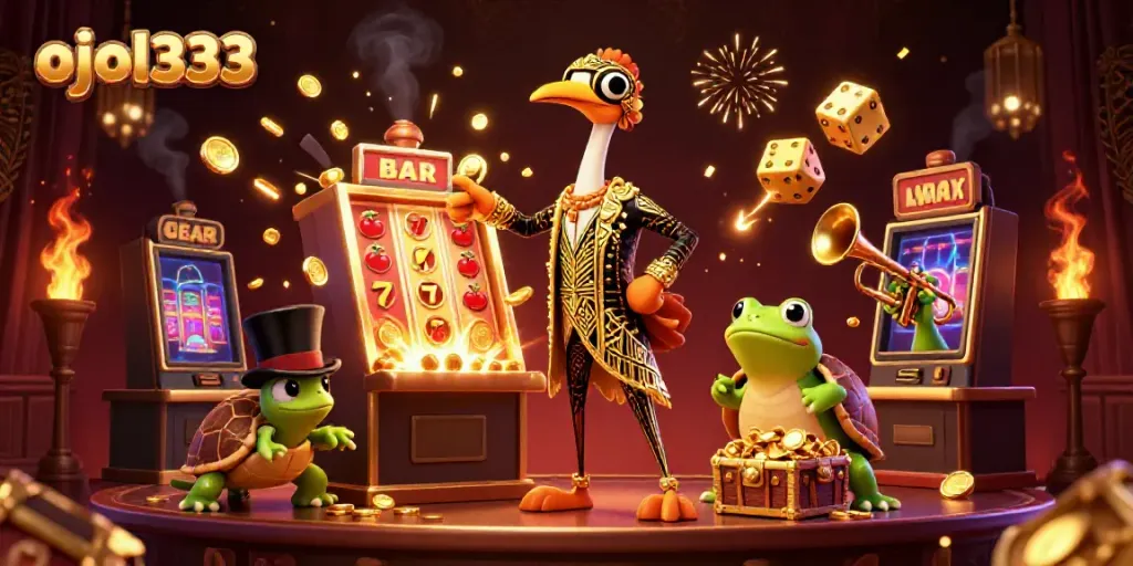 Experience the vibrant gaming world with ojol333 featuring animated characters, a slot machine explosion, and rich casino elements.