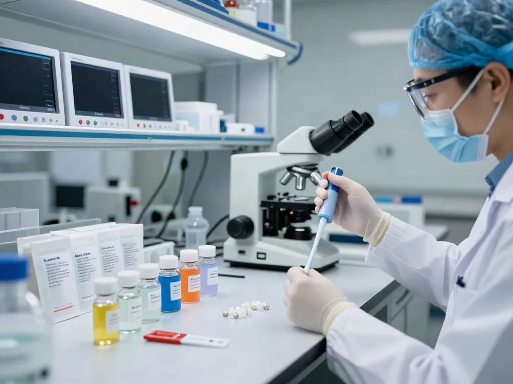 Comparing pepti prices in a modern laboratory with research technician and peptide samples.
