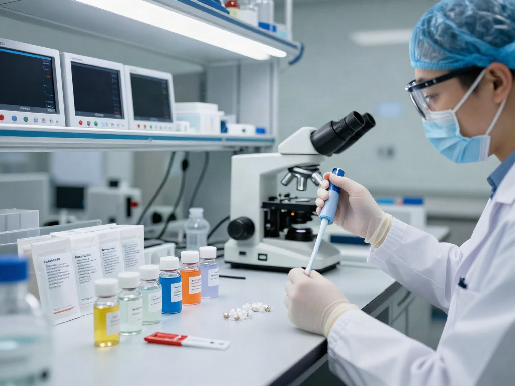 Comparing pepti prices in a modern laboratory with research technician and peptide samples.
