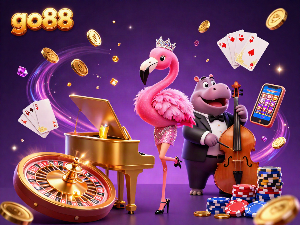 Experience go88's vibrant casino atmosphere with a flamingo singer and hippo bassist.