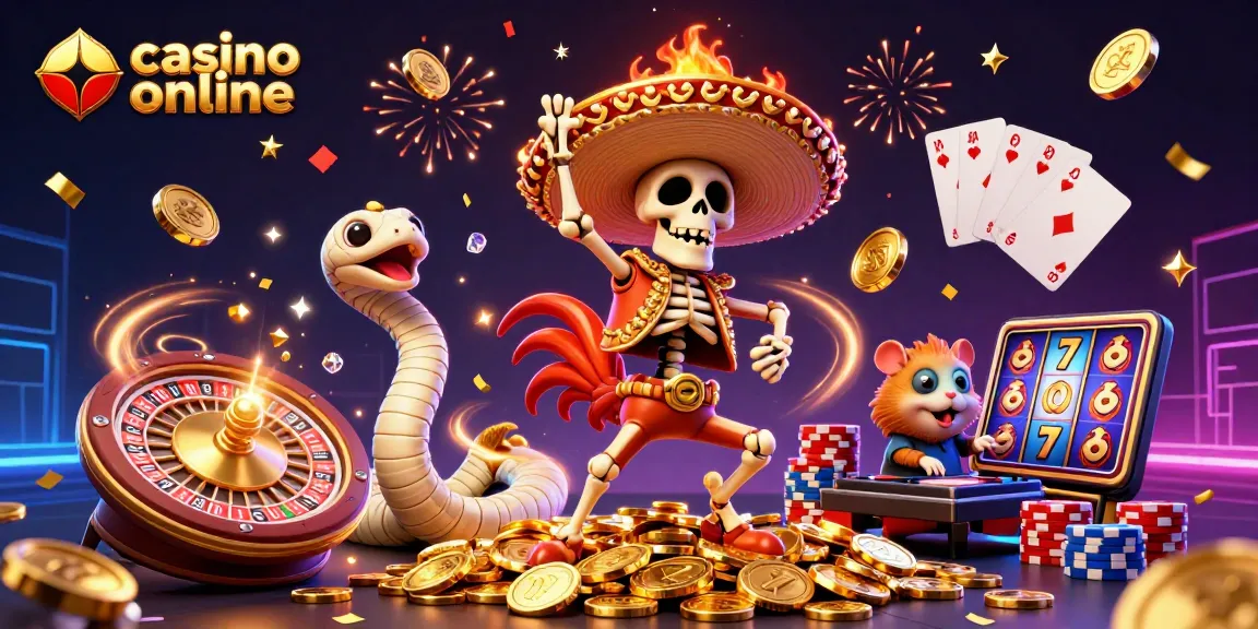 Celebrate casino online fun with a vibrant scene featuring a rooster, mummy snake, and DJ hamster.