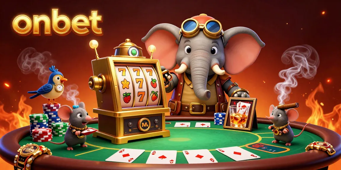 Experience thrilling gaming at onbet with a cartoon elephant operating a winning slot machine.
