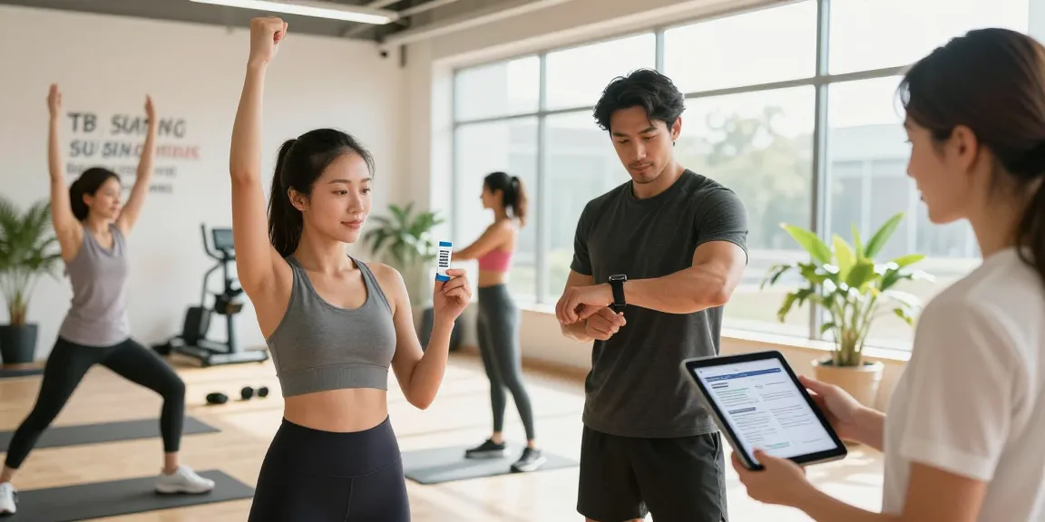 Individuals exploring TB 500 benefits through Restore Blend Peptide Buccal Strips in a vibrant gym.