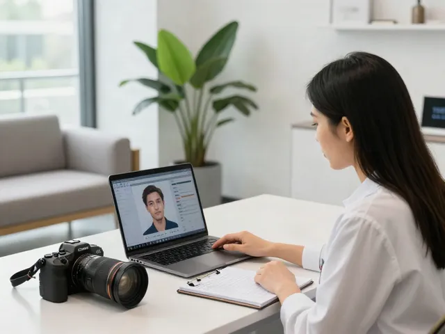 Consulting image showcasing Alternatives to QOVES with a specialist analyzing facial features using AI technology.