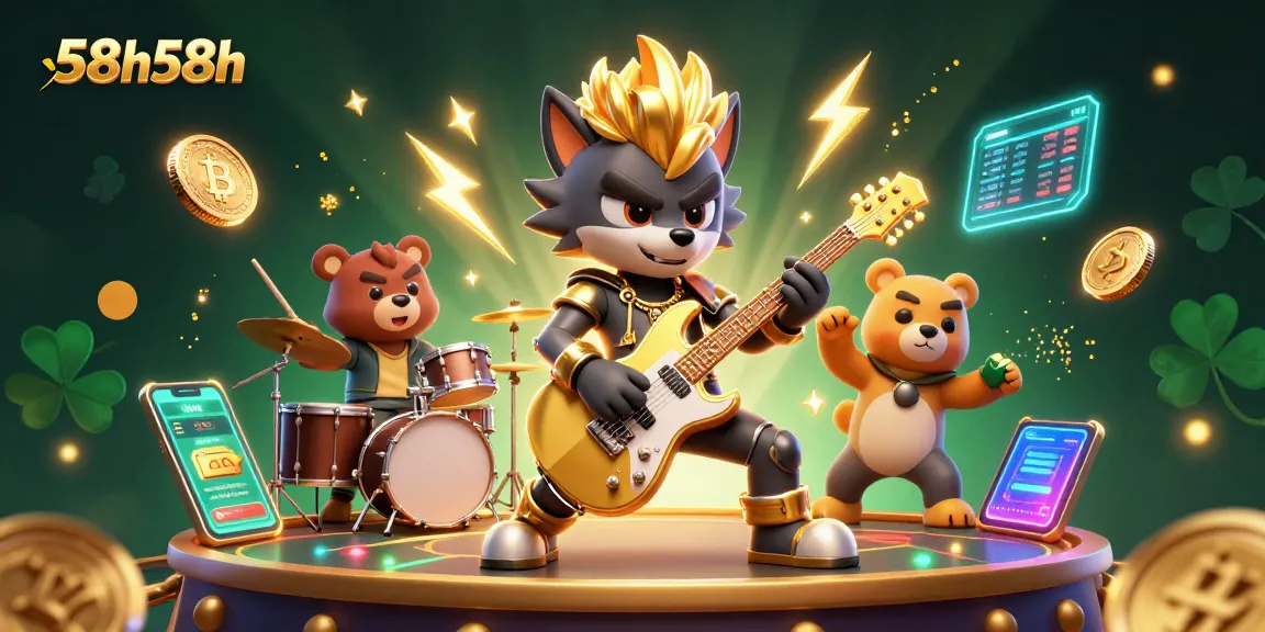 Ilustração de um cassino 58h58h com um lobo roqueiro e um urso baterista, trazendo energia vibrante.
