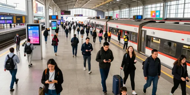 Commuters at a busy train station dealing with transport delays and checking for updates.