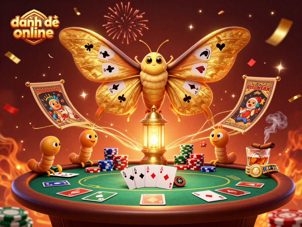 Win big in đánh đề online with a 3D scene of vibrant casino elements and a majestic atlas moth.