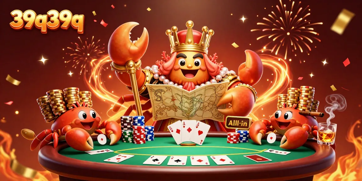 Engage with casino fun at 39q39q, featuring a golden crab emperor surrounded by poker excitement.
