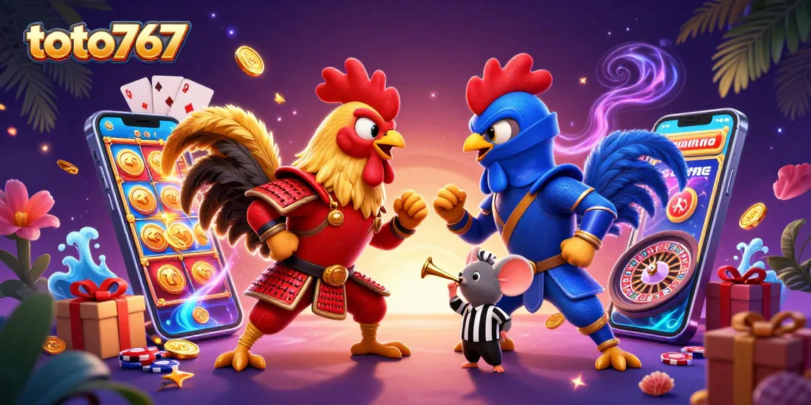 Mengalami ketegangan pertarungan ayam di toto767, saat ayam samurai merah dan ninja biru bersaing dalam permainan slot yang seru.