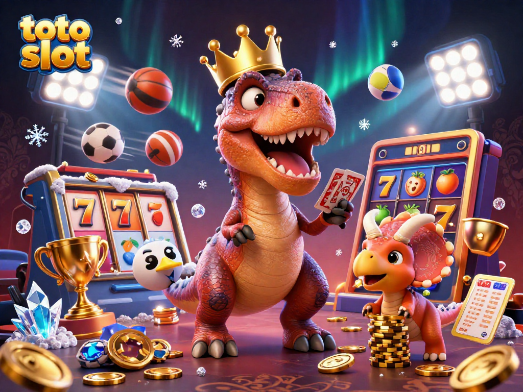 Slot toto slot menampilkan T-Rex berkartu, assisten pterodactyl, dan Triceratops tumpukan chip emas.