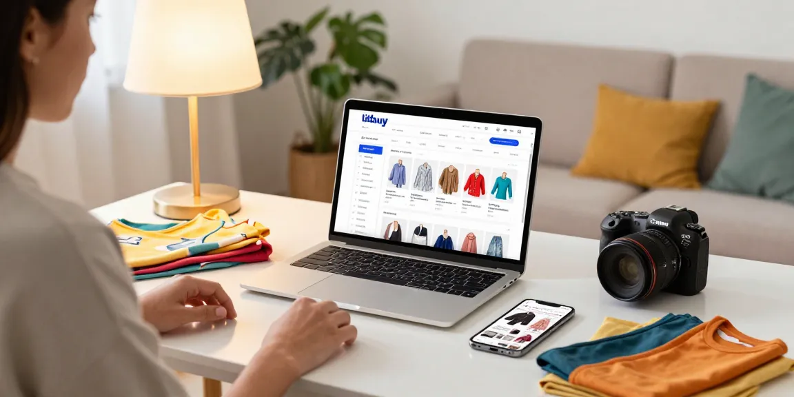 Shopper using the Litbuy spreadsheet for online fashion purchases in a stylish living room.