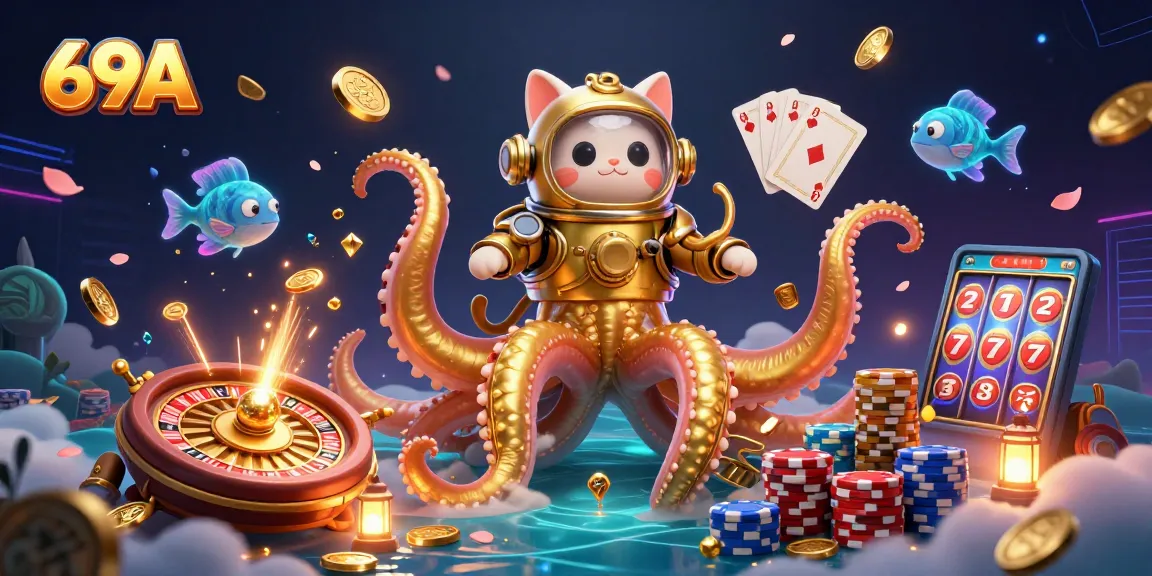 69A apresenta um kraken majestoso e um gato mergulhador em um cenário de cassino vibrante.