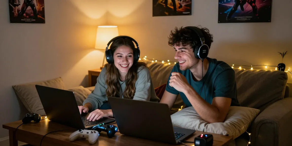 Young couple engaged in a lively sex chat in a cozy gaming room with soft lights and playful decor.