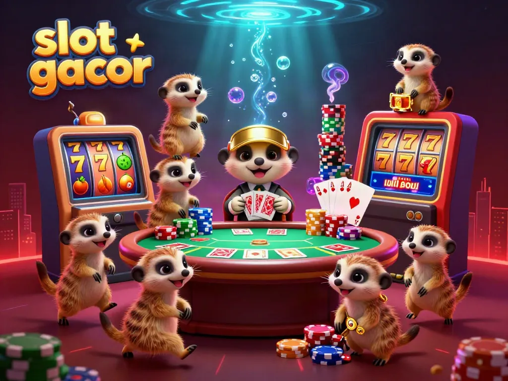 Experience thrilling slot gacor gameplay with lively meerkats running a casino in this vibrant scene.