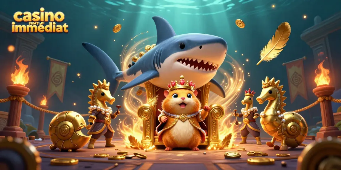 Visualisez l'animation d'un roi hamster sur son trône avec des éléments de casino retrait immédiat, entouré de gardes et de pièces d'or.
