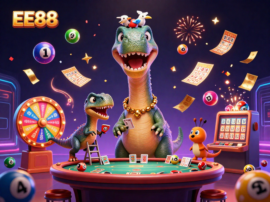 Experience the excitement of EE88 with a vibrant 3D scene featuring casino elements and animated characters.