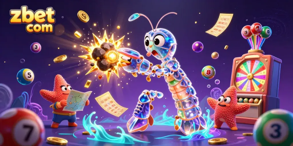 Engage with zbet com's vibrant gaming scene, featuring a galactic mantis shrimp amidst colorful lottery elements.