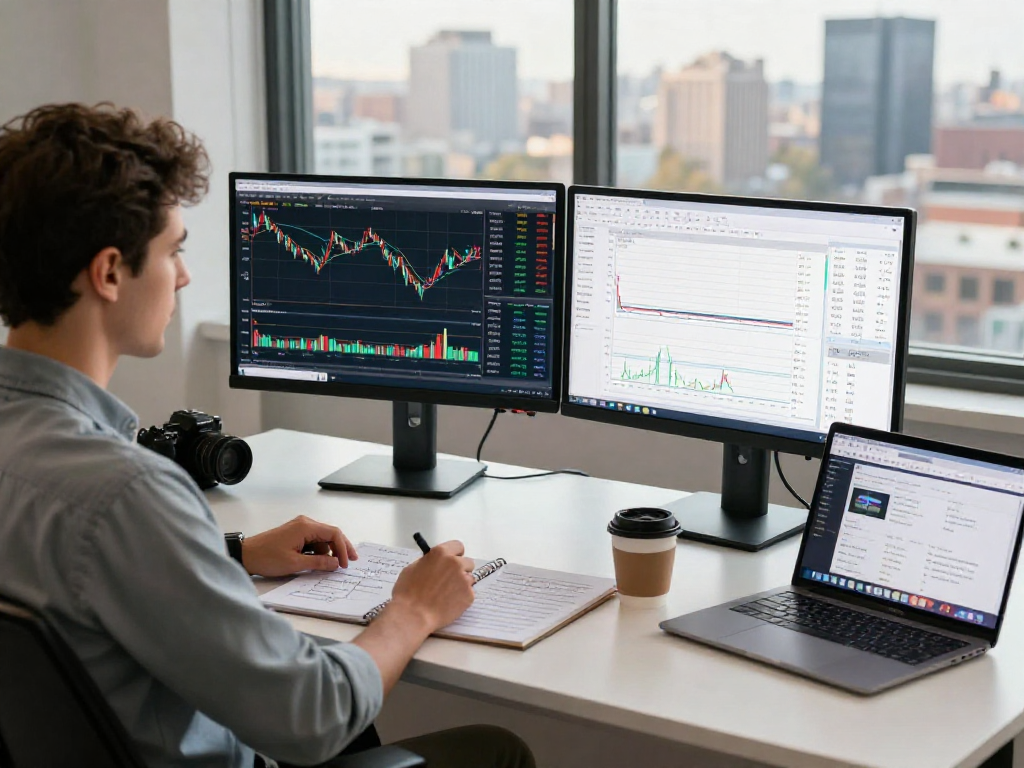 TradingView interface displayed on dual monitors in a modern trading workspace, showcasing market analysis and strategic planning
