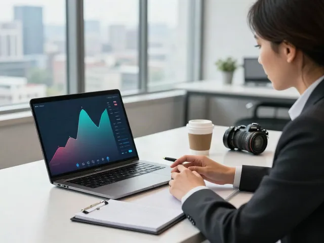 Financial consultant discussing banorte empresas solutions during a client video call in a modern office.