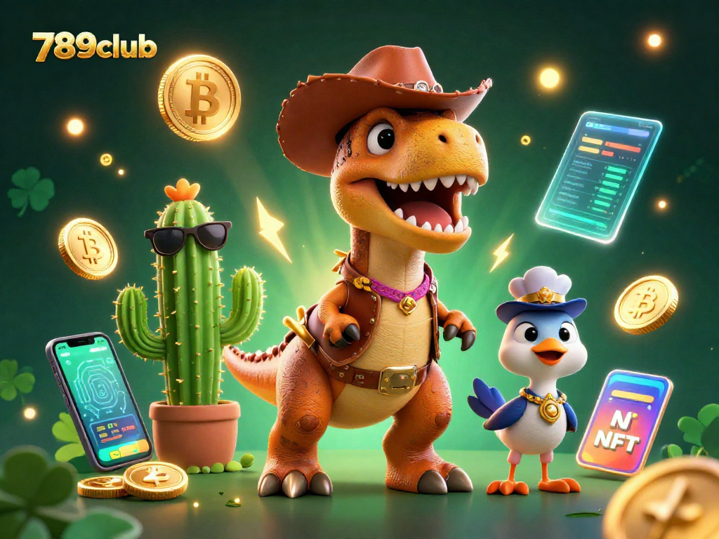 Experience the thrilling 789club casino adventure with T-Rex and friends amidst vibrant crypto elements.