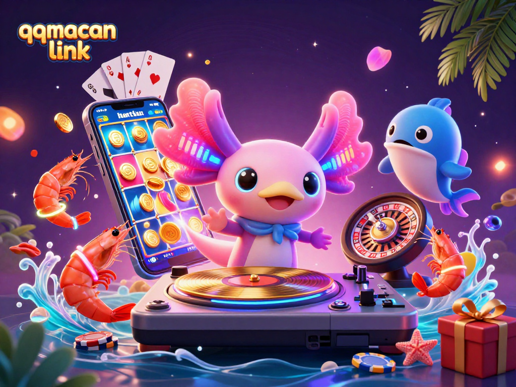 Join the fun with the vibrant axolotl DJ and his crew in the qqmacan link casino scene.