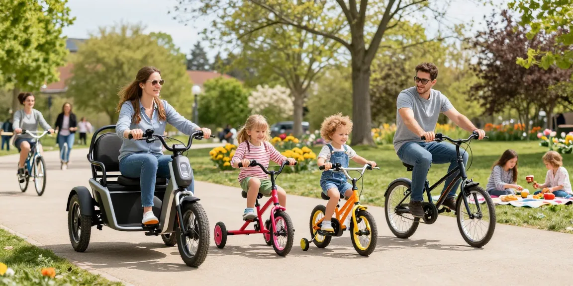 Tricycles in action at a park, showcasing electric and kids' models in a lively community setting.
