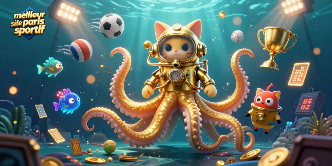 Découvrez le meilleur site de paris sportif avec un kraken géant et un chat plongeant dans l'océan.