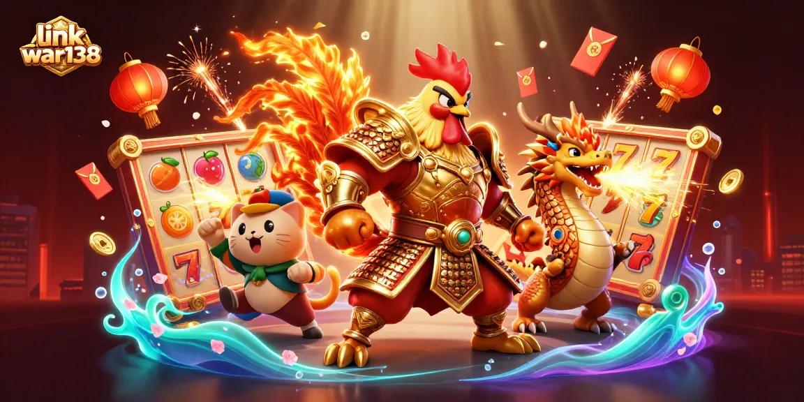 Join the excitement at link war138 with a powerful rooster warrior and dragon hatchling in this vibrant casino scene!