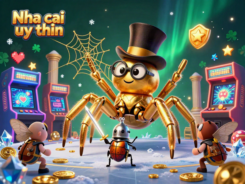Nha cai uy tin displays a vibrant scene with a giant golden tarantula and beetle knight in a colorful casino