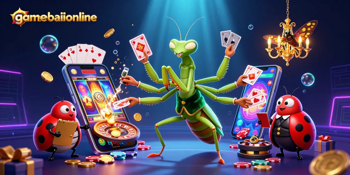 Experience the thrill of gamebaiionline as you play with a giant praying mantis dealer in a vibrant casino setting.
