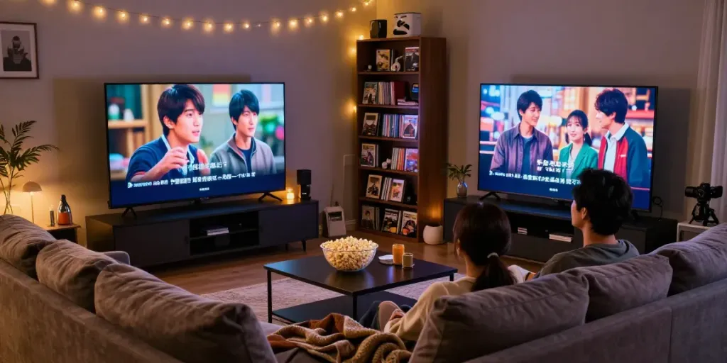 Couple enjoying a movie night with jav subtitle Indonesia on TV in cozy ambiance