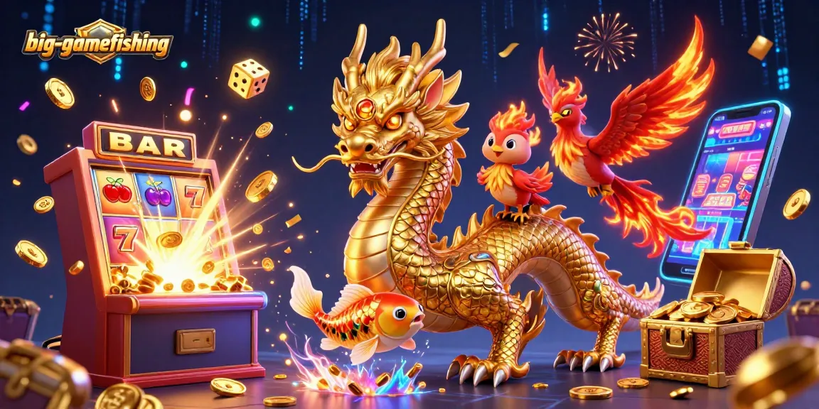 Big-gamefishing illustration featuring a dragon, phoenix, and koi fish amidst a vibrant casino scene.
