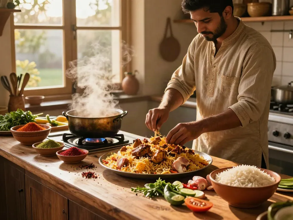 Preparing the best and authentic biryani in a rustic kitchen with spices and fresh ingredients.