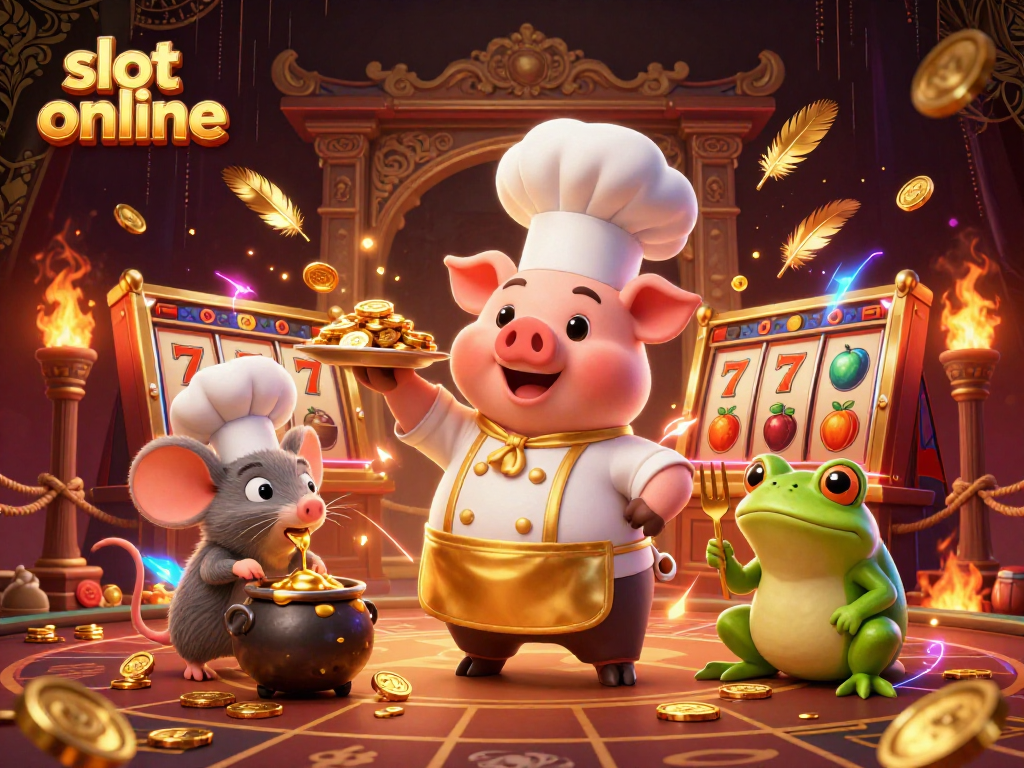 Experience the thrill of slot online with a lavish scene featuring a chef pig, sous-chef mouse, and critic frog surrounded by gold coins and slot reels.