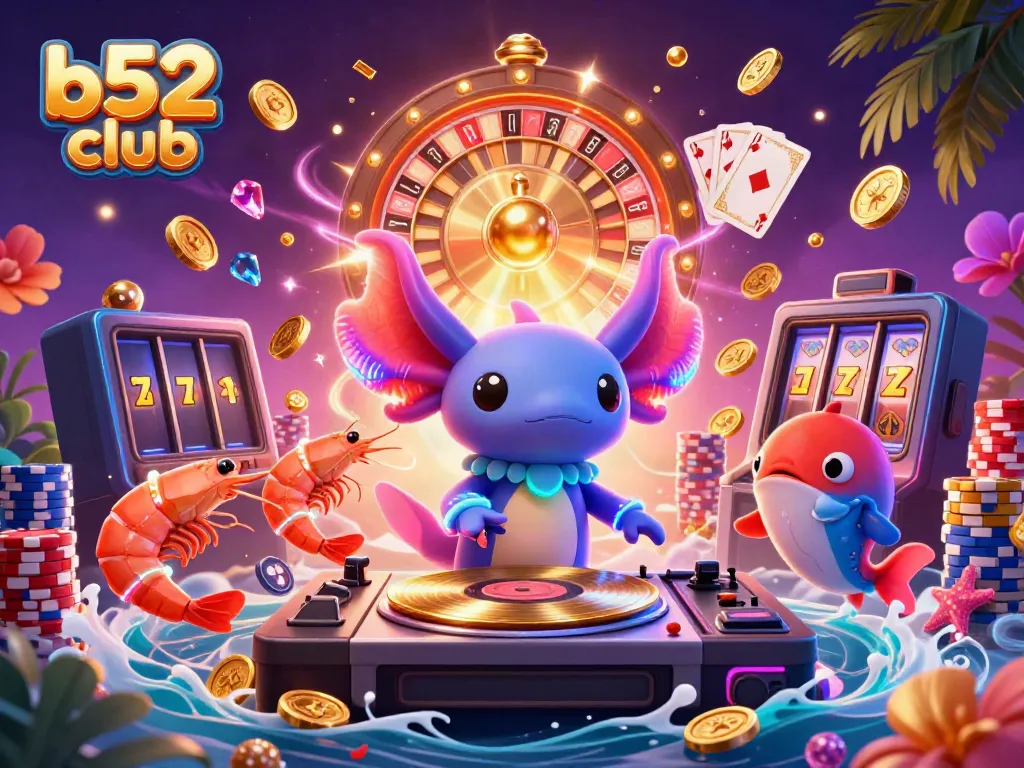 Engage with the thrilling atmosphere of b52 club, featuring an axolotl DJ and vibrant casino elements.