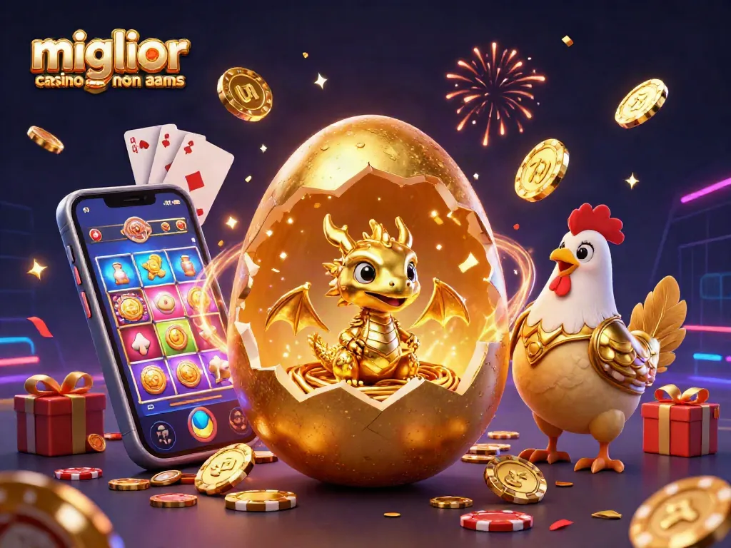 Giocando al miglior casino online non AAMS con un drago d'oro e fiches colorate in un'illustrazione dinamica.