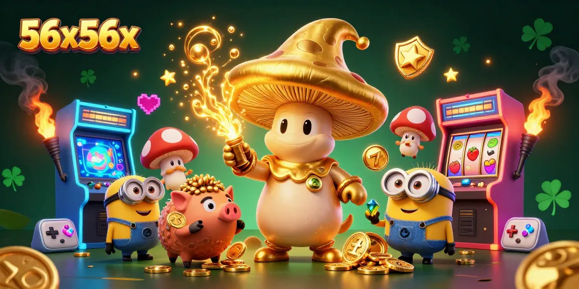 Engage with 56x56x as a golden mushroom wizard casts treasure spells amidst vibrant casino elements.